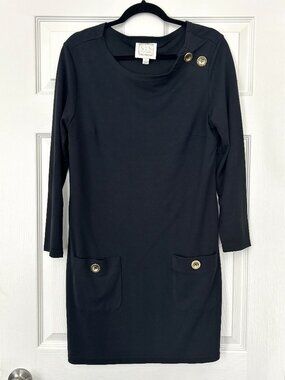 STS Sail to Sable Dress Womens M Black Knit Shift Gold Button Pockets Preppy
